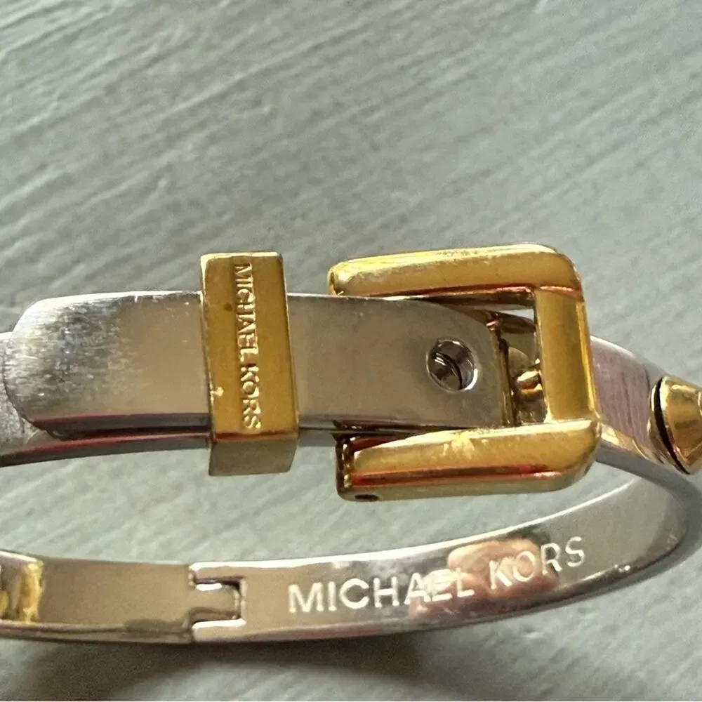 Michael Kors Silver & Gold Tone Buckle Hinged Bangle Bracelet